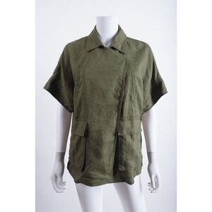 Eileen Fisher Womens Safari Blouse Shirt Top XXS Olive Green Organic Linen
